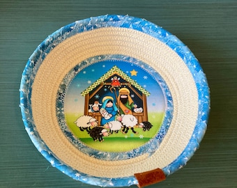 Batik Fabric Wrapped Clothesline Rope Coiled  Basket with Nativity