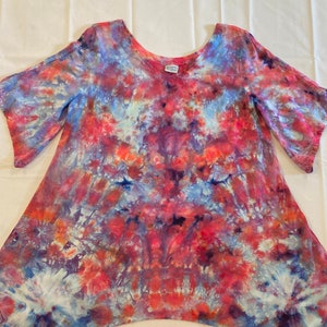 Tie Dye Ice Dye Hand Dyed Asymmetrical Tunic with Sleeves Medium Cut Roomy
