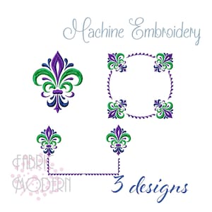 May include: Three machine embroidery designs featuring a fleur-de-lis motif in shades of purple, green, and blue. The designs include a single fleur-de-lis, a corner design, and a circular frame.