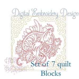May include: A set of 7 digital embroidery quilt blocks featuring a rooster design. The rooster is outlined in red and the background is a floral pattern. The text "Set of 7 quilt Blocks" is at the bottom of the image.
