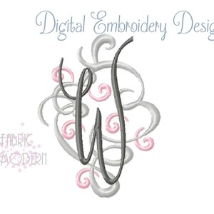 May include: Digital embroidery design of the letter W in gray with pink swirls around it. The design is for embroidery machines.