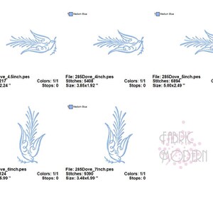 May include: Four embroidery designs of a stylized dove with a branch in its beak. The designs are in blue and are available in four different sizes: 4.5 inches, 4 inches, 5 inches, and 7 inches. The file names and stitch counts are listed below each design.