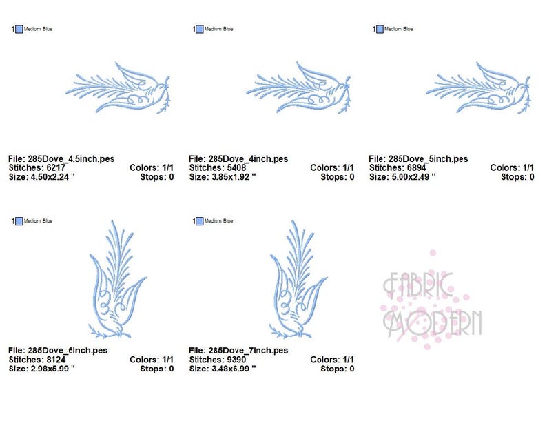May include: Four embroidery designs of a stylized dove with a branch in its beak. The designs are in blue and are available in four different sizes: 4.5 inches, 4 inches, 5 inches, and 7 inches. The file names and stitch counts are listed below each design.