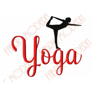 May include: A red cursive word "Yoga" with a black silhouette of a person in a yoga pose above the word.