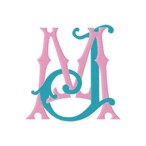 Puede incluir: Un monograma bordado que presenta la letra M en color rosa claro con un patrón de puntada decorativo. Superpuesta sobre la letra M hay una letra J estilizada en color verde azulado brillante, con curvas elegantes y una textura de bordado.