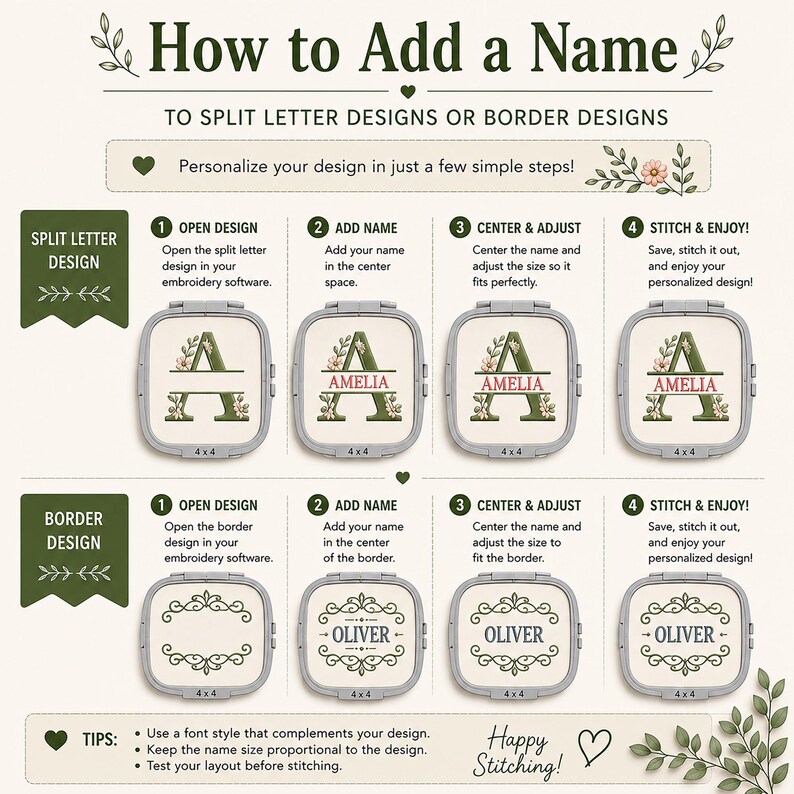 The image is a step-by-step guide on how to add a name to split letter designs or border designs. It provides instructions on how to personalize a design by adding a name to a split letter or border design. The guide includes images of different designs with names, such as "Amelia" and "Oliver", and provides tips on using a font style that complements the design and keeping the name size proportionate to the design.
