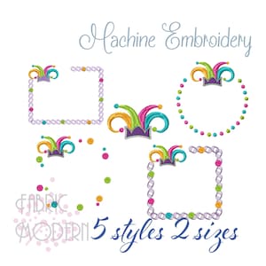 May include: Machine embroidery designs featuring jester hat motifs in purple, green, and teal. Includes rectangular and circular frames, individual hat icons, and scattered dots. Text reads Machine Embroidery and 5 styles 2 sizes.