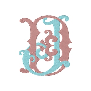 Peut inclure: Un monogramme brodé représentant les lettres D et J entrelacées. La lettre D est réalisée avec un fil rose vieux rose, tandis que la lettre J est cousue avec un fil bleu turquoise vif, toutes deux présentant des fioritures décoratives.