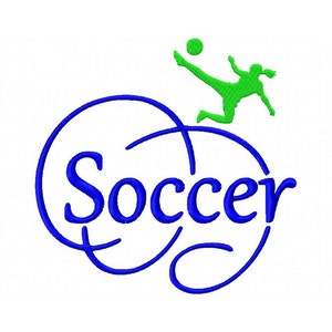 May include: A blue swirl design with the word "Soccer" in blue text. A green silhouette of a soccer player kicking a ball is above the swirl.