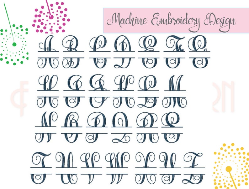 Puede incluir: Un conjunto de 26 letras de monograma divididas en una fuente cursiva. Las letras son de color azul marino y est&aacute;n dispuestas en orden alfab&eacute;tico. Las letras est&aacute;n separadas por una l&iacute;nea horizontal. Las letras est&aacute;n dise&ntilde;adas para el bordado a m&aacute;quina.