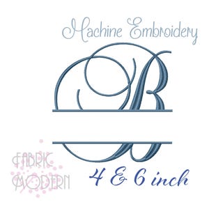May include: A navy blue machine embroidery design featuring a large, cursive letter B with a horizontal split for personalization. The text Machine Embroidery and 4 & 6 inch are visible, along with the logo for Fabric Modern in the bottom left corner.
