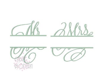 Mr and Mrs SPLIT FRAME Embroidery Design Fancy script with flourishes  three sizes wedding  linens  #498