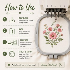 The image is a step-by-step guide on how to use an embroidery machine, with a close-up view of the machine and a floral embroidered design on the machine's surface.