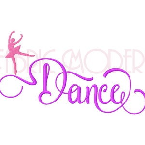 May include: Pink ballerina silhouette with the word "Dance" in a purple cursive font.
