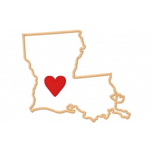 May include: An outline of the state of Louisiana with a red heart in the center.