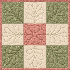 9-kvadrat quiltblocksbroderidesign: fjädrar och blommor, 6 storlekar (5x5 till 10x10) (Direktnedladdning) #1210