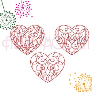 May include: Three red, intricate, heart-shaped designs with swirls and flourishes. The hearts are outlined in a thin red line.