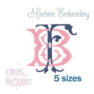 May include: A machine embroidery design featuring the overlapping letters B and F. The letter B is light pink, and the letter F is dark blue. The text Machine Embroidery appears at the top, and the text 5 sizes appears at the bottom right.