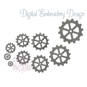 May include: Digital embroidery design featuring a collection of gray gear illustrations in various sizes. The gears have a detailed, textured appearance and are arranged in a dynamic, overlapping pattern against a white background. The text "Digital Embroidery Design" is in a light blue script.
