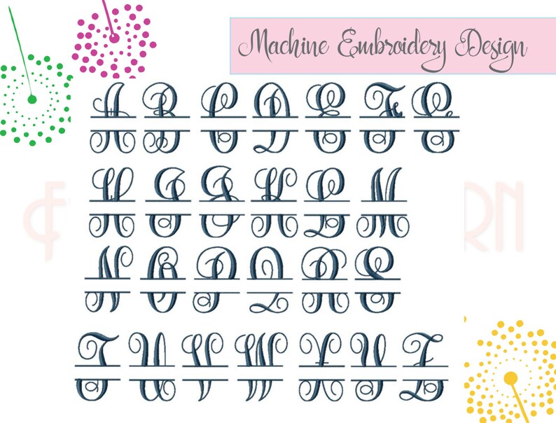 Puede incluir: Un conjunto de 26 letras may&uacute;sculas en un estilo de monograma dividido. Las letras son de color azul oscuro y tienen una fuente de letra cursiva decorativa. Las letras est&aacute;n dispuestas en orden alfab&eacute;tico.