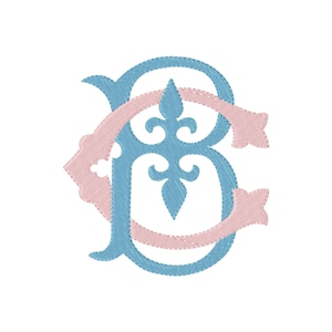 May include: An embroidered monogram featuring the letters B and C intertwined. The letter B is rendered in a light blue thread with a decorative fleur-de-lis element in the center, while the letter C is stitched in a soft pink thread.