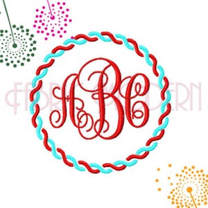 May include: An embroidery design featuring the letters ABC in a red script font, enclosed within a circular border of intertwined red and turquoise rope-like patterns, accented by scattered green and pink dotted dandelion-style floral motifs.