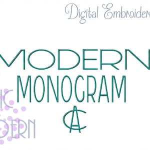 May include: A digital embroidery design featuring the teal text MODERN MONOGRAM and a monogram of the letters CA. The words FABRIC MODERN appear in a light purple font over a cluster of light purple dots, with Digital Embroidery Design above.
