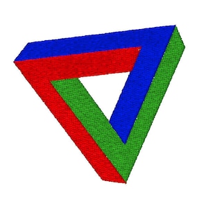 May include: A three-dimensional optical illusion of a triangle. The triangle is made of three layers of fabric, each a different color: red, green, and blue.