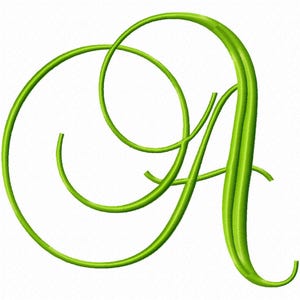 May include: A bright lime green embroidered letter A featuring a decorative, flowing script font with elongated, swirling lines that curve around the main character. The design has a visible satin stitch texture throughout the entire letter form.