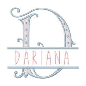 May include: An embroidery design featuring a large, stylized letter D in light blue with pink striped accents and small circular details. The letter is split horizontally by two light blue lines enclosing the name DARIANA in pink letters.