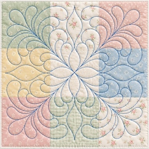 May include: A square quilt block featuring a grid of nine fabric squares in pastel shades of pink, blue, yellow, and green with floral patterns. The surface is decorated with intricate blue thread stitching in a continuous feather motif.