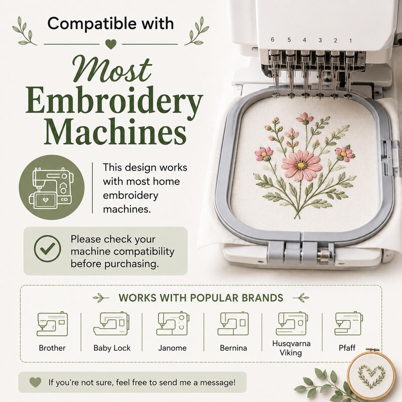 The image is an advertisement for a sewing machine that is compatible with most home embroidery machines. It features a close-up of the embroidery machine and a floral design on the machine's cover.