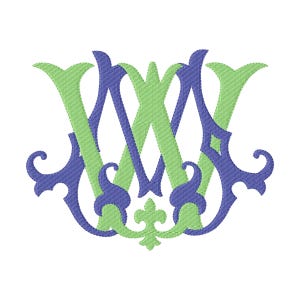 May include: An embroidered monogram featuring the letters W and V intertwined in a decorative style. The design uses a vibrant lime green thread for the letter W and a deep royal blue thread for the letter V, both featuring ornate flourishes.