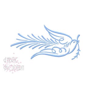 May include: A blue stylized illustration of a dove carrying an olive branch in its beak. The dove is flying with its wings spread out. The image is a simple line drawing.