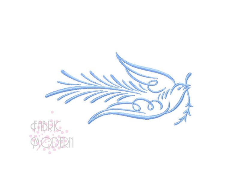 May include: A blue stylized illustration of a dove carrying an olive branch in its beak. The dove is flying with its wings spread out. The image is a simple line drawing.