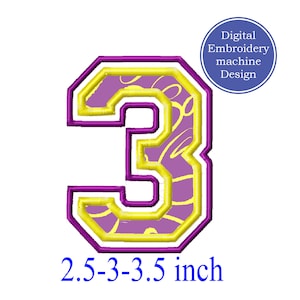 May include: Purple and yellow embroidered number 3 with a swirl pattern. The design is 2.5-3.5 inches in size. Digital embroidery machine design.