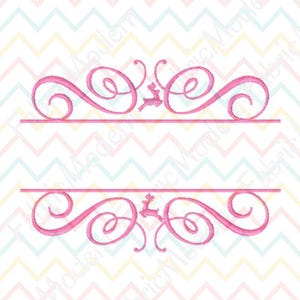 May include: A pink embroidery design featuring two horizontal lines separated by a central space, accented with symmetrical swirls and a small reindeer silhouette centred above and below the lines, set against a light chevron background.