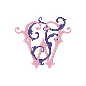 May include: An embroidered monogram featuring the letters G and W intertwined. The letter G is rendered in a light pink thread with a structured outline, while the letter W is depicted in a dark purple thread with intricate, swirling filigree details.