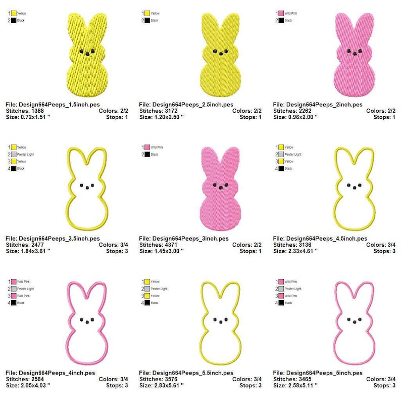 Motif de broderie lapin rempli et appliqué 9 tailles de 1,5 pouces à 5,5 pouces # 664 image 2