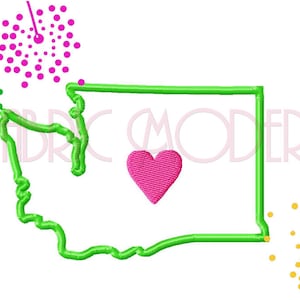 Washington Map Embroidery Design applique' in meerdere maten I Heart Washington 2 3 4 5 6 en 7 inch