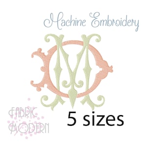 Peut inclure: Un motif de broderie machine présentant une lettre M vert clair entrelacée avec un cadre circulaire rose corail. Le texte Machine Embroidery apparaît en haut et le texte 5 sizes en bas. Un logo avec le texte FABRIC MODERN est visible.