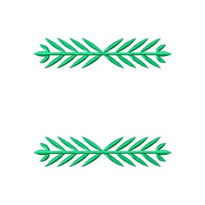 May include: Two identical horizontal embroidery designs featuring a symmetrical green leaf branch pattern. Each branch consists of a central stem with pointed, narrow leaves extending outward in opposite directions from the center point.