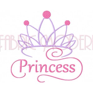 May include: A purple and pink embroidered design of a crown with the word "Princess" written in a cursive font.