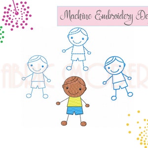 STICK FIGURES boy Embroidery Design  6 sizes  Redwork  filled  column and continuous line   #695