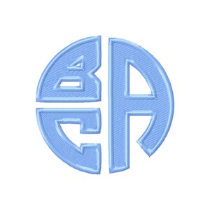 May include: A light blue circular embroidery design featuring the letters B and A. The letters are stylized with thick, bold lines and a textured stitch pattern, creating a monogram effect within a circular frame on a plain white background.