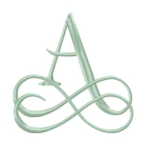 May include: A light mint green embroidered letter A featuring a decorative, swirling script font. The design showcases intricate stitching patterns that create a textured appearance, with elegant loops extending from the base of the letter.