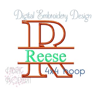 Puede incluir: Un diseño de bordado digital que presenta una letra R naranja grande con una división horizontal. El nombre Reese está bordado en verde dentro de la división. El texto Digital Embroidery Design y 4x4 hoop son visibles junto al logo Fabric Modern.
