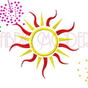 May include: A red and yellow sun with a yellow circle in the center. There are three green, pink, and yellow dotted circles around the sun.