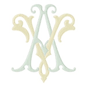 Op de afbeelding: Een geborduurd monogramontwerp met de verweven letters "A" en "V". De letters zijn in lichtblauw en lichtgeel, met een decoratieve, sierlijke scriptstijl. Het ontwerp staat tegen een witte achtergrond.