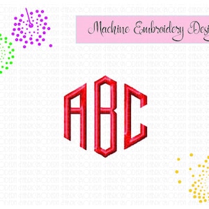 May include: A red monogram featuring the letters ABC in a geometric font style. The design is centered on a white background with a pink rectangular banner at the top containing the text Machine Embroidery Design and decorative dot patterns.